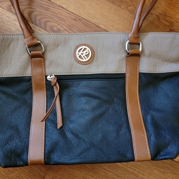 Kim Rogers Purse Shoulder Bag Tote Two Tone Color Block Black Tan Brown - Picture 5 of 16